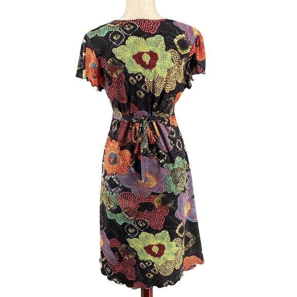 Endless Knot Art V Neck Fit Flare Abstract Floral Flutter Sleeve Dress Womens L - Picture 3 of 16